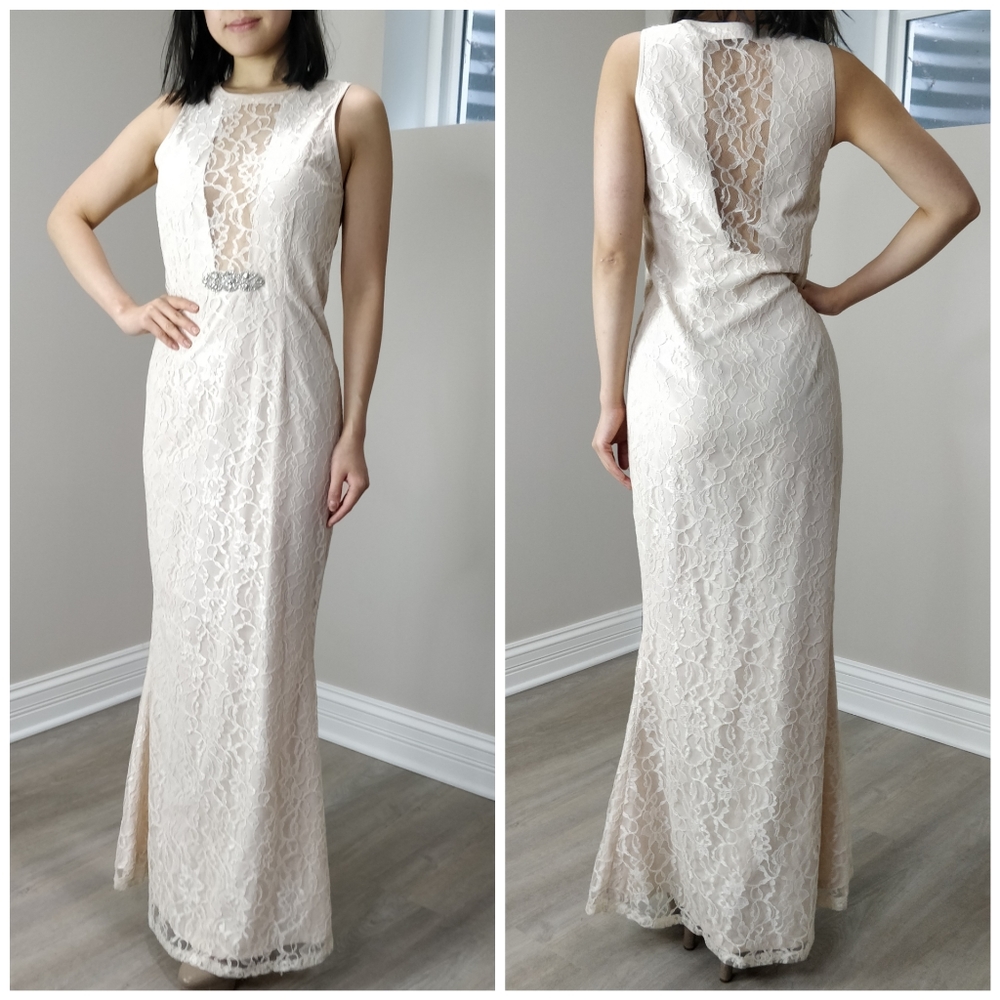 JANE.X cream lace peek a boo panel trumpet maxi gown